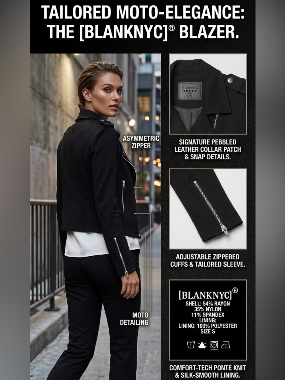 Blank NYC Black Tailored Moto Blazer with Pebbled Collar